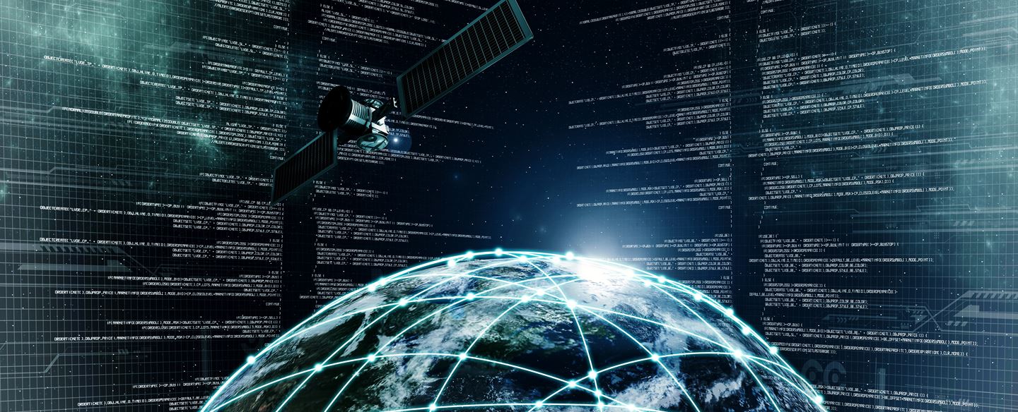 An interconnected globe, code and a satellite 