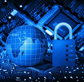 Cyber security graphic with padlock and globe