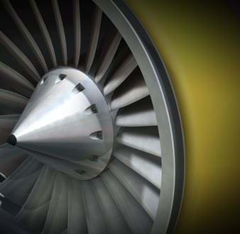 3D graphic of a yellow turbine engine