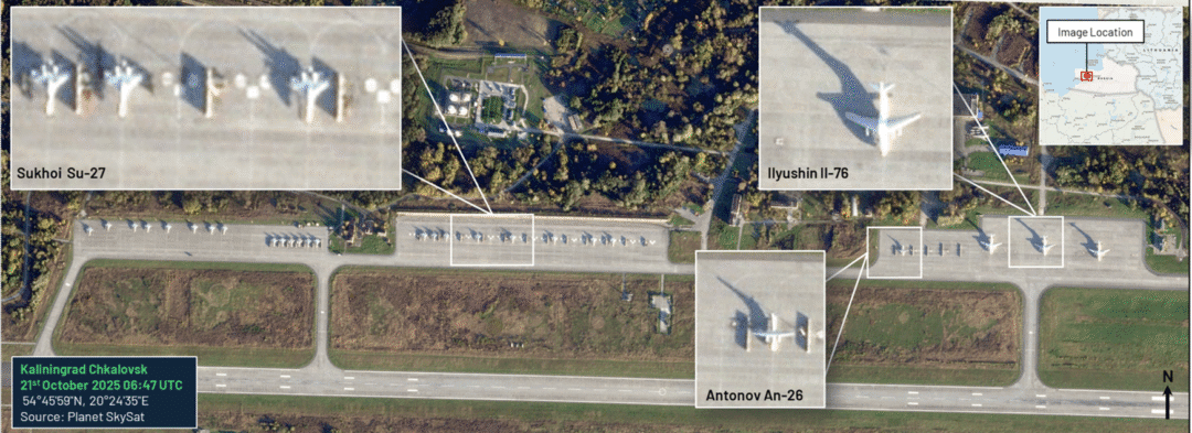 Figure 3: Planet Sky sat imagery of Chkalovsk air base in Kaliningrad, with likely aircraft designations