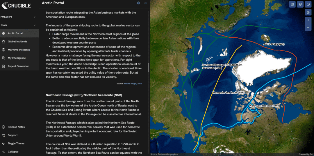 Figure 3: Screenshot of Roke’s Platform Crucible, displaying the Arctic Portal tool and displaying shipping routes.