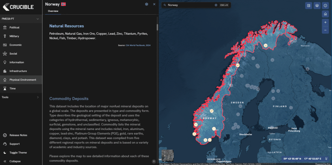 Figure 1: Screenshot of Roke’s Platform Crucible, showing Norway’s natural resources.  