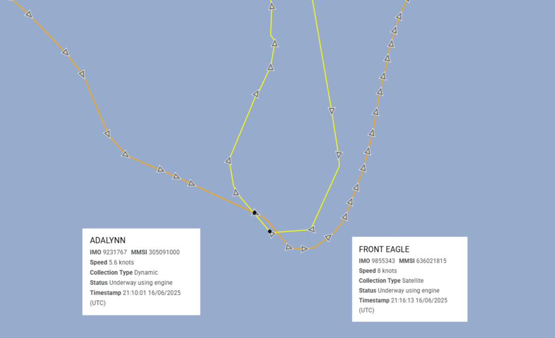 AIS data for the ADALYNN and FRONT EAGLE at the time of the collision. Source: Roke’s Geollect platform