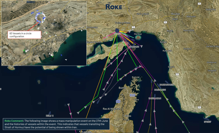 Mass AIS interference in and around the Strait of Hormuz on 27th June 2025. Source: Roke’s Geollect Platform.
