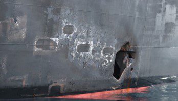 Limpet mine damage on the KOKUKA COURAGEOUS. Source: Sky