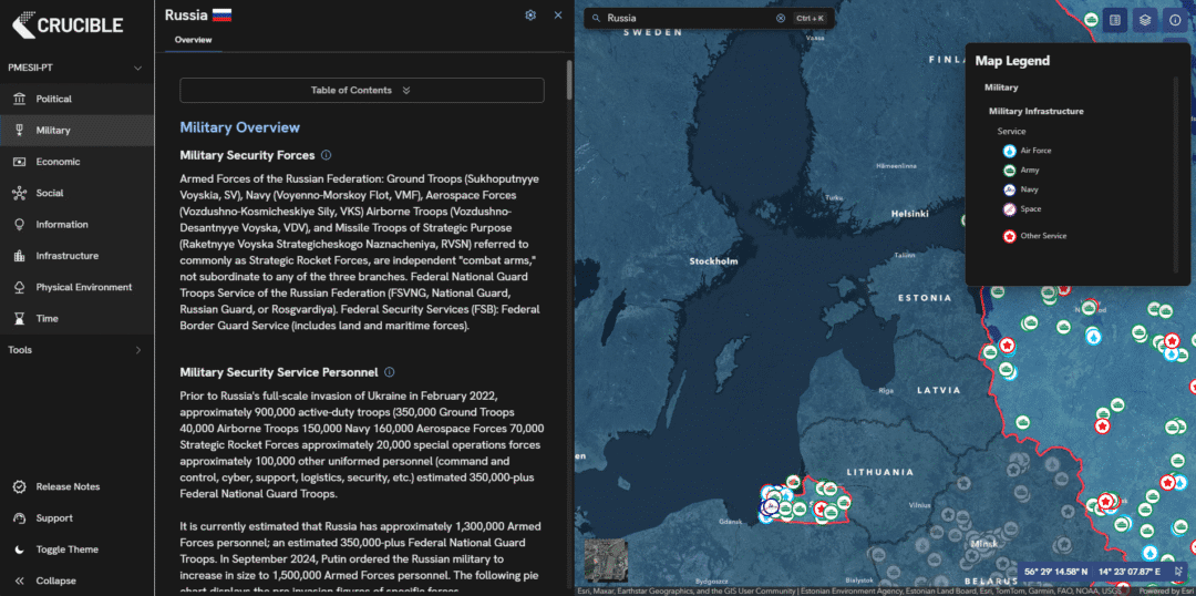 Figure 1: Screenshot of Roke’s Platform Crucible, showing a Russian Military Overview in the Baltic Region.